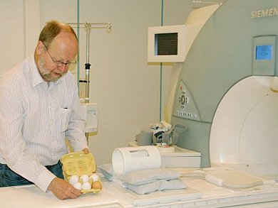 Dr. Hans Bauer, Bayer Schering Pharma AG, Berlin, preparing six oological specimens prior to subjecting them to nuclear spin tomography