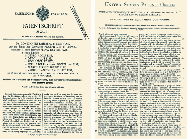 Fahlberg’s German and US patent applications