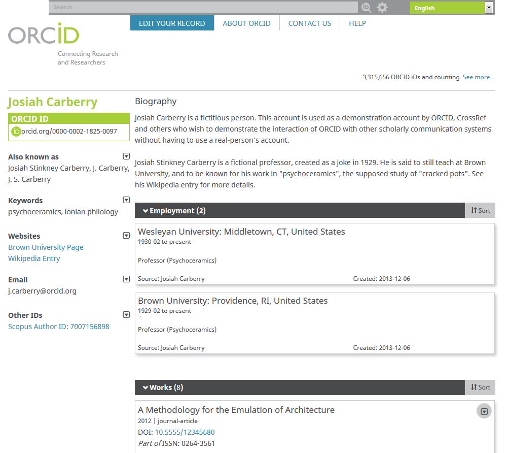 Ficticious ORCID account of Josiah Carberry