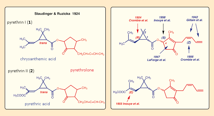 Structure elucidations for pyrethrins I and II