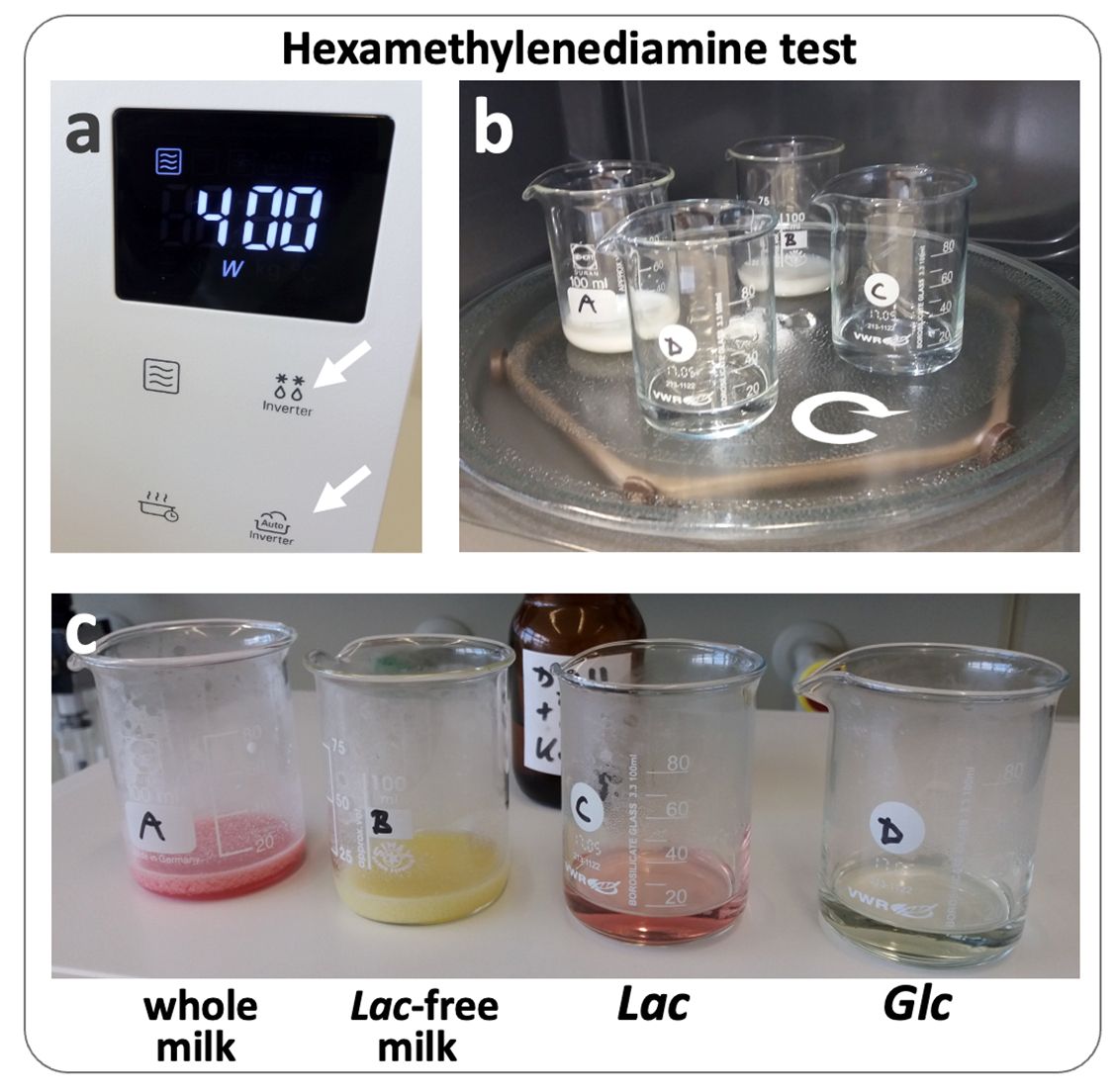 Hexamethylenediamine test with dairy products and sugar solutions