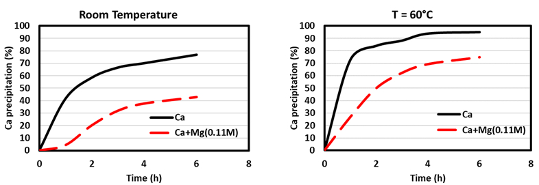 Effect of Mg(II) on Ca(II) precipitation at (a) room temperature and (b) 60 °C